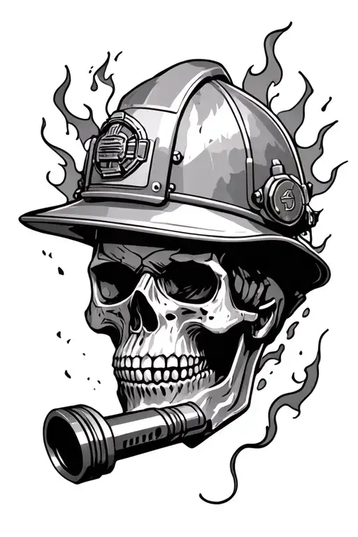 mechanic piston, firefighter helmet, broken open skull with flames coming out of it tattoo design idea