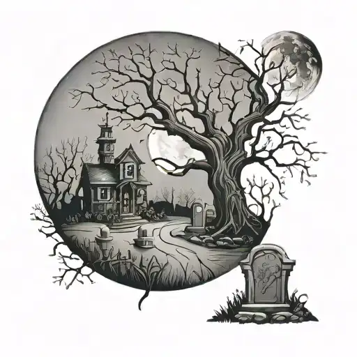 scary graveyard with tree and moon  tattoo design idea