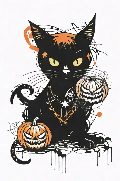 halloween pumpkin spooky cat playing tattoo design idea