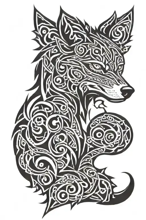 A tribal wolf design incorporating hidden letters F, K, J, and M along the spine tattoo design idea