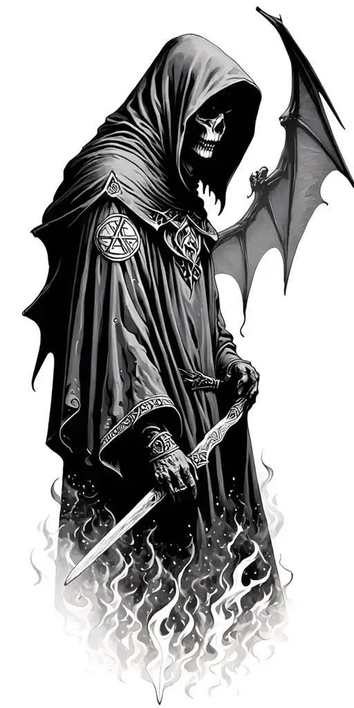 hooded reaper silohuette, smoke, fire, scary, bat wings, Viking runes, kenaz rune tattoo design idea