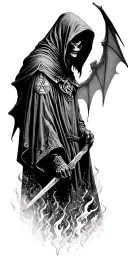 hooded reaper silohuette, smoke, fire, scary, bat wings, Viking runes, kenaz rune tattoo design idea