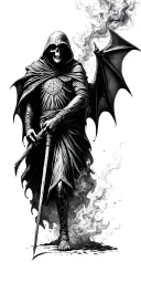 hooded reaper silohuette, smoke, fire, scary, bat wings, Viking runes, kenaz rune tattoo design idea
