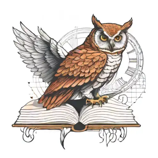 owl standing on top of open book. geometric style. clock in background. abstract. clock has Roman numerals wings open tattoo design idea
