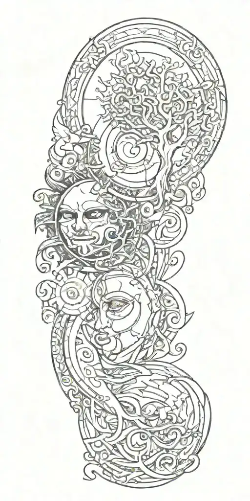 sun and moon,aquarius, tree and fire tattoo design idea