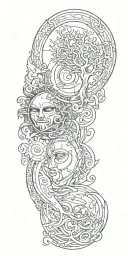 sun and moon,aquarius, tree and fire tattoo design idea