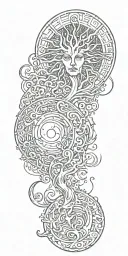 sun and moon,aquarius, tree and fire tattoo design idea