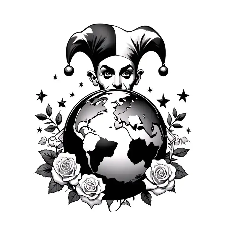a jester poking out behind a globe, holding the globe. surrounded roses and stars tattoo design idea