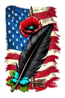 faded american flag,  black feather, arrow through center, turquoise western jewlery, green leaves, 1 poppy flower tattoo design idea