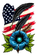faded american flag,  black feather, arrow through center, turquoise western jewlery, green leaves, 1 poppy flower tattoo design idea