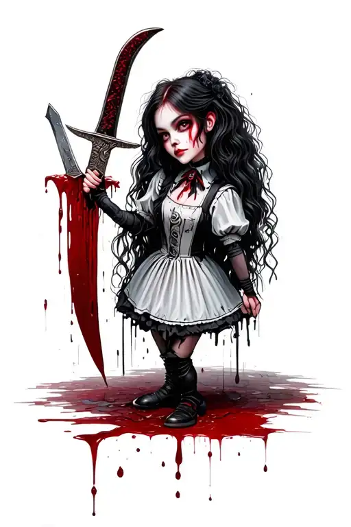 alice from the American McGee video game "Alice: Madness Returns" with blood, the knife, and blood (edgy style) tattoo design idea