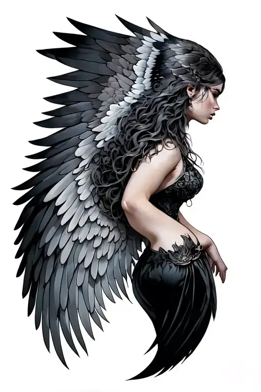full back wings down spine tattoo design idea