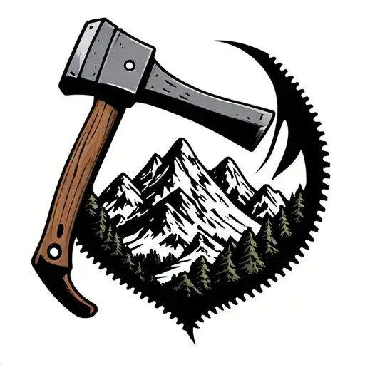 hammer with saw and mountains inside tattoo design idea