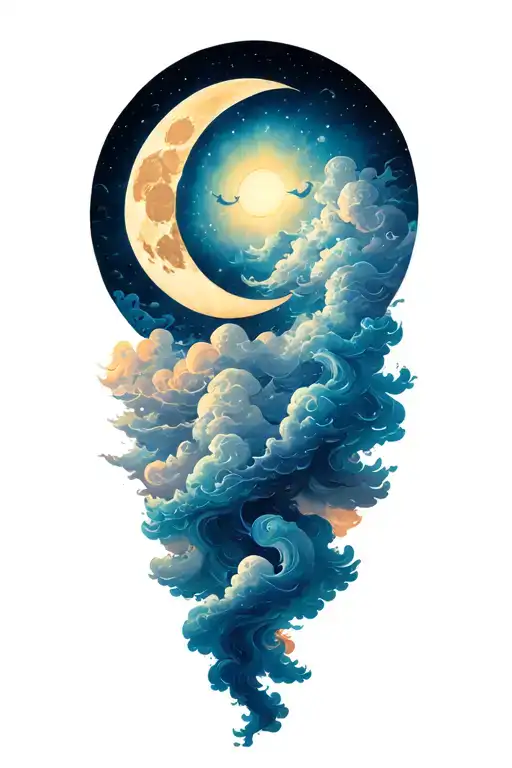 psychadelic clouds fantasy smiling moon shining tattoo design idea