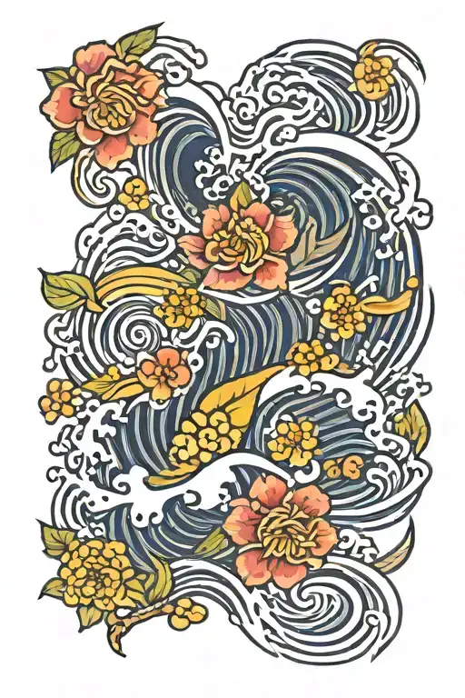 japanese traditional style tattoo inspired by flowers and kanagawa and wave tattoo design idea