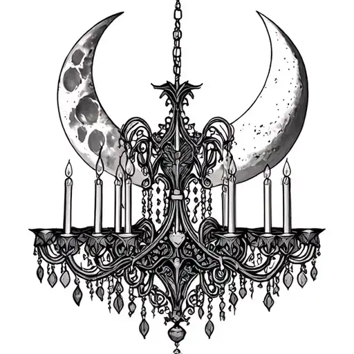 ornamental gothic fine line chandelier design with moon tattoo design idea