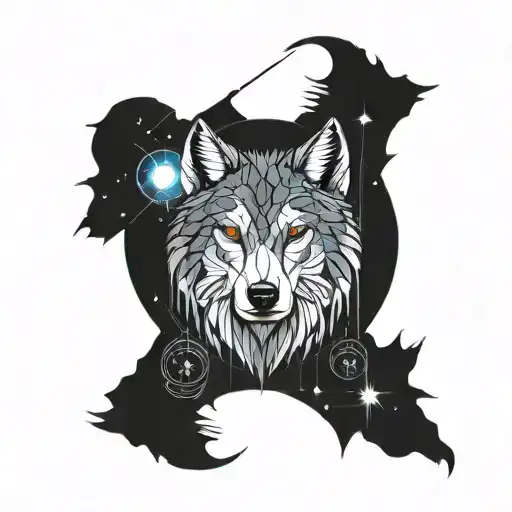 mystical, epic wolf tattoo with moon, forest, stars, compass, shadow, fish zodiac sign, water, tattoo design idea