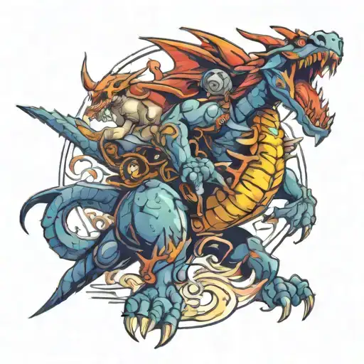 A fiery dragon battling a mechanical monster in a video game-inspired scene tattoo design idea