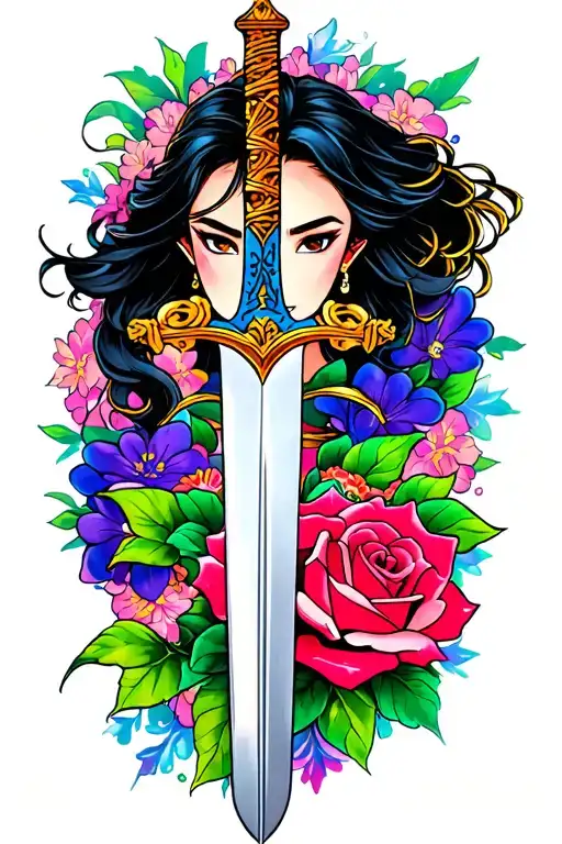 A new-school tattoo of the Mulan family sword and the Beauty and the Beast enchanted rose, with vibrant colors and dynamic composition tattoo design idea