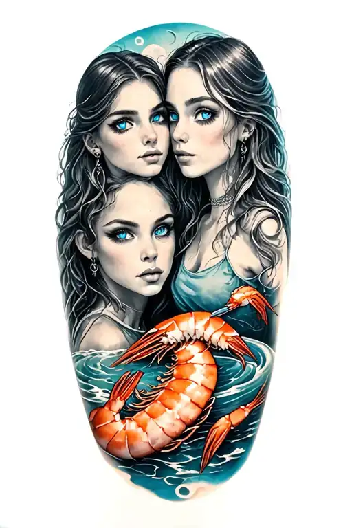 two girls selling shrimp with blue eyes tattoo design idea