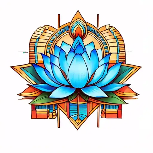Coverup with a coloured blue lotus in an egyptian style tattoo design idea