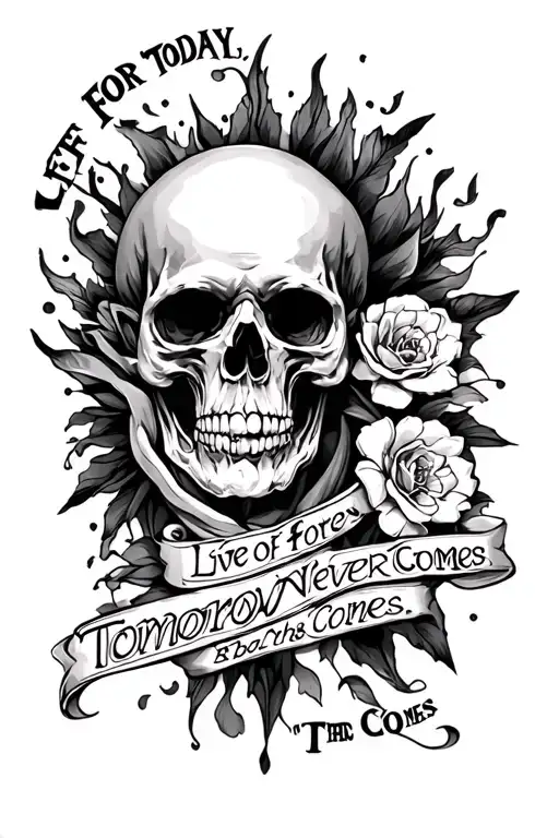 texf of Live For Today. Tomorrow Never Comes. in the style of black sabbaths artwork  tattoo design idea
