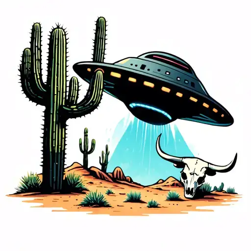 Simple desert landscape with cactus being abducted by ufo with a bull skull next to the cactus tattoo design idea