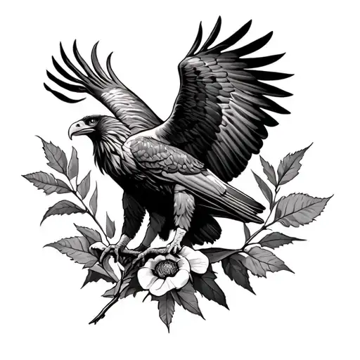 wedge tailed eagle wing spread, gum tree leaves in background holding a poppy flower stalk in talons tattoo design idea