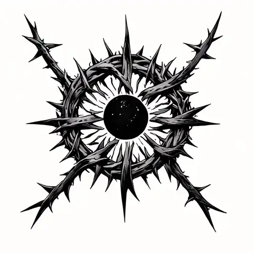 crown of thorns wrapped around neck like a choker, occult symbols black work and central motif black sun tattoo design idea
