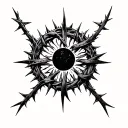 crown of thorns wrapped around neck like a choker, occult symbols black work and central motif black sun tattoo design idea