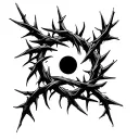 crown of thorns wrapped around neck like a choker, occult symbols black work and central motif black sun tattoo design idea