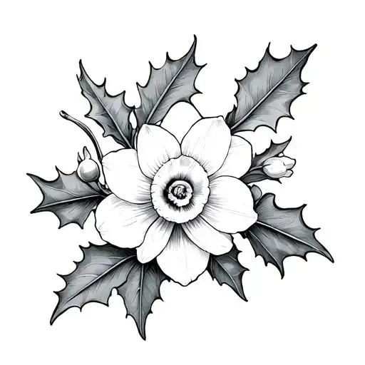narcissus and holly berry fine line tattoo tattoo design idea