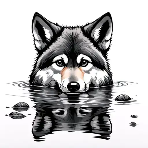 baby wolf looking in the reflection of a pond seeing his older self  tattoo design idea