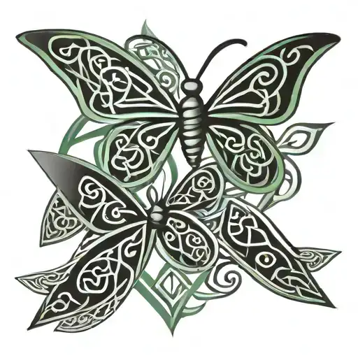 simple green celtic knot butterfly inside of  3 large triangles tattoo design idea