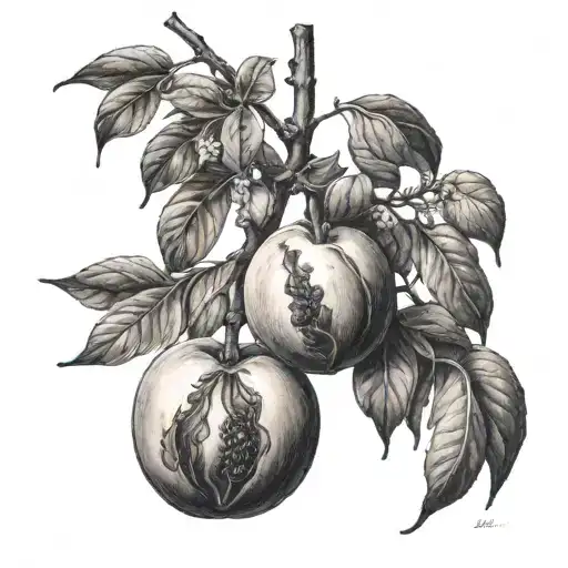 Black peach tree tatto with Roman numerals 3/8/21 tattoo design idea