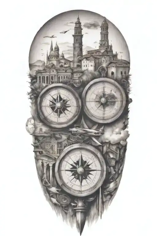 edges that fade softly, featuring italian and greek inspired buildings and landscape, airplane, compass  tattoo design idea