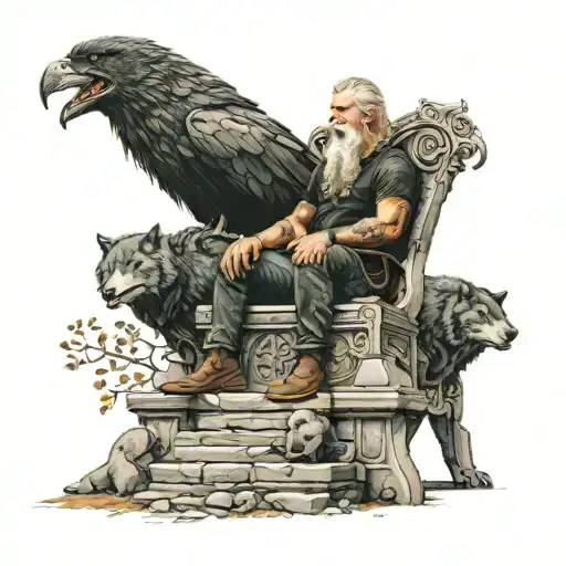back tatto from yggdrassil and odin sitting on a throne of stones at the roots with his raven and wolves tattoo design idea