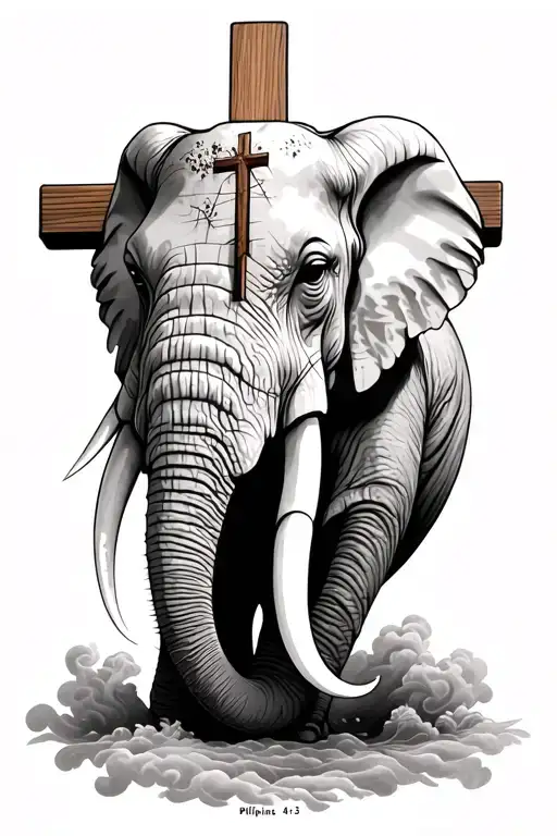 elephant head small tusk with scratches on it cloudfiller background wooden cross in the middle of head Philippians 4:13 tattoo design idea