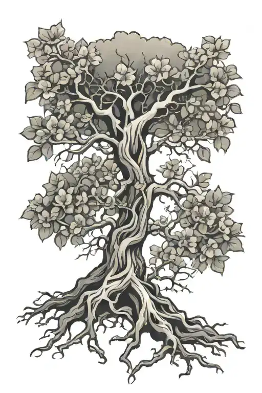 tree of life with ivy and cherry blossom in roots of tree  tattoo design idea