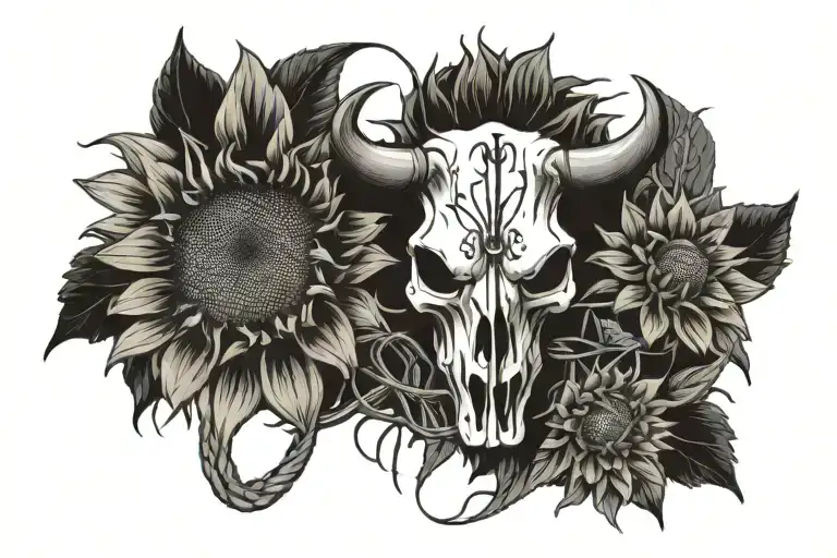 sunflowers, barb wire and cow skull tattoo design idea