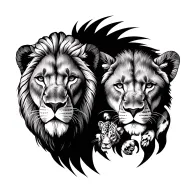 male lion head with 2 female lion heads and one female cub head tattoo design idea