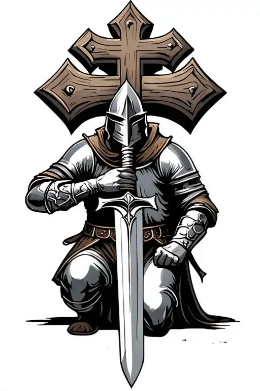 kneeling crusades knight with sword with timber cross in background  tattoo design idea