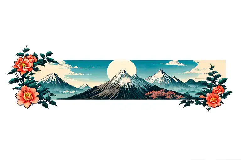 Mountain landscape 3 styles flowers surrounding them tattoo design idea