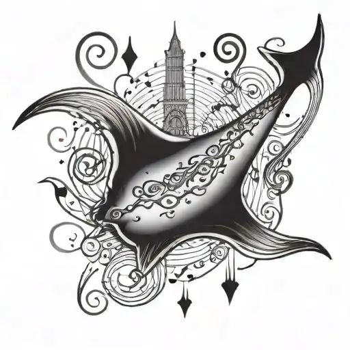 An intricate black and grey tattoo of a mystical stingray swimming among music notes and peace symbols tattoo design idea
