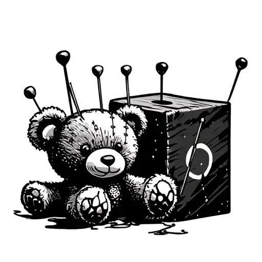 stitched up stuffed bear with pins through it, thrown against a kids block set tattoo design idea