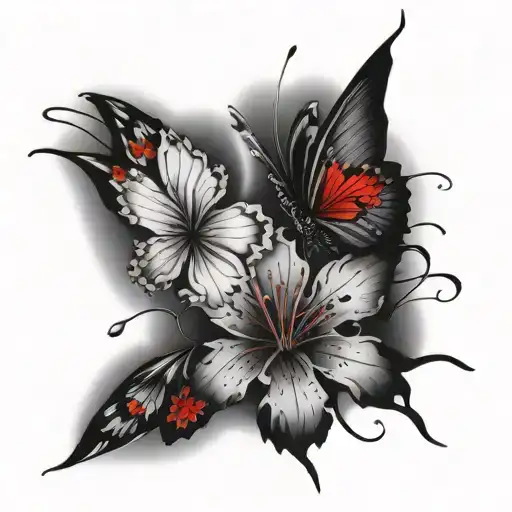 red and black butterflies and lycoris tattoo design idea