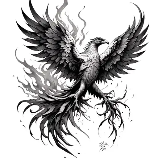 A powerful design incorporating symbols of healing trauma, such as a phoenix rising from the ashes, in a blackwork style tattoo design idea