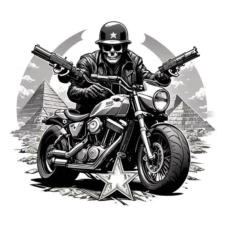 gangster style with stars, guns, money, sport motorbikes. clouds in background, maye a sun. add pyramids above, layer it tattoo design idea