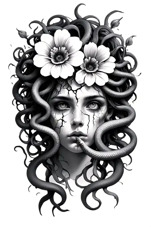 medusa head, 3 flowers, no eyes, cracked face, 15 snakes tattoo design idea