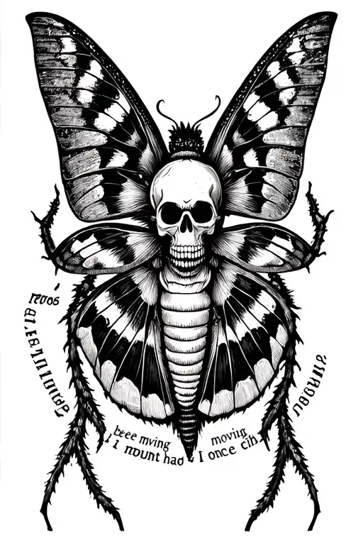 Design me a male leg tattoo sleeve including a death moth, the words “I’ve been moving mountains I once had to climb” tattoo design idea